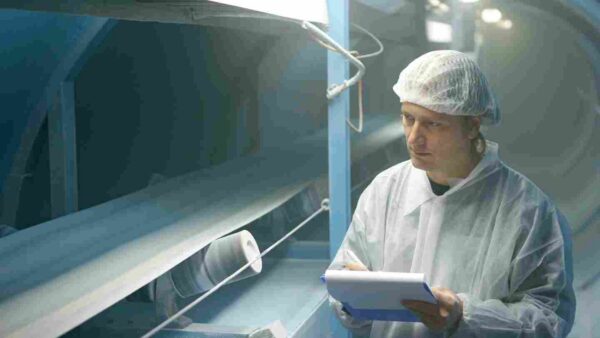 Person inspecting a conveyer belt in a food processesing plant.
