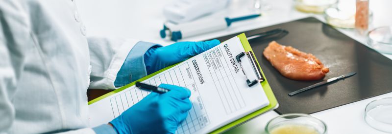 Food safety and quality inspector filling out a form in a laboratory with a poultry sample in the background
