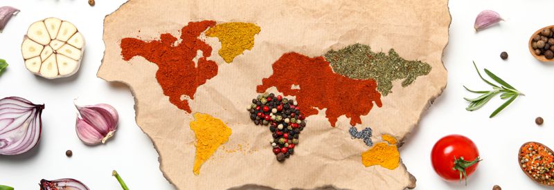 Map of world made from different kinds of spices