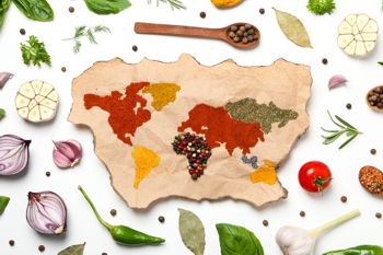 Map of world made from different kinds of spices